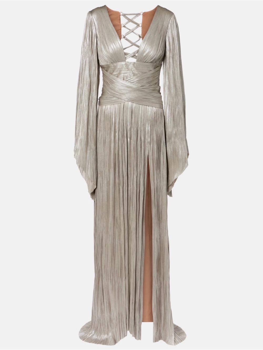 Lustrous Silver Plunging Wrap Maxi Dress with Lace-Up Detail